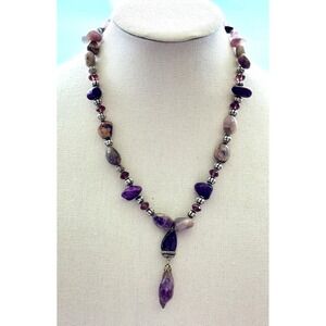 Purple Pink Gemstone Beaded Necklace With Amethyst Pendant  Adjustable Chain NEW